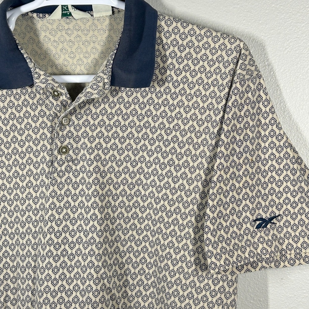Reebok Golf Mens Large Vintage Geometric Diamond Print Cotton Polo Shirt Navy